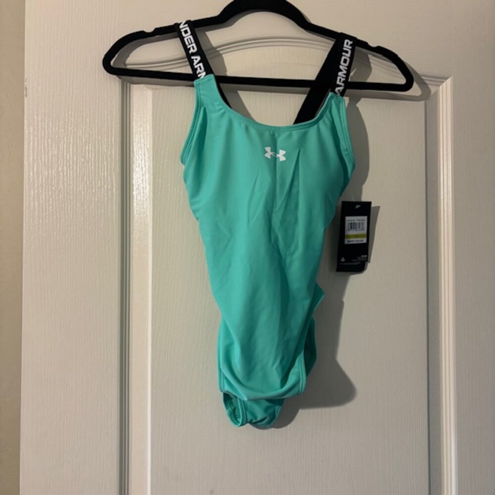 NWT Girls Under Armour UA 1 Piece Cross Back, Prism Green, 14